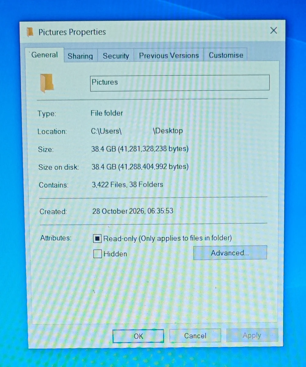 Windows Properties for a folder named Pictures on the desktop: 38.4 GB, 3,422 files in 38 folders