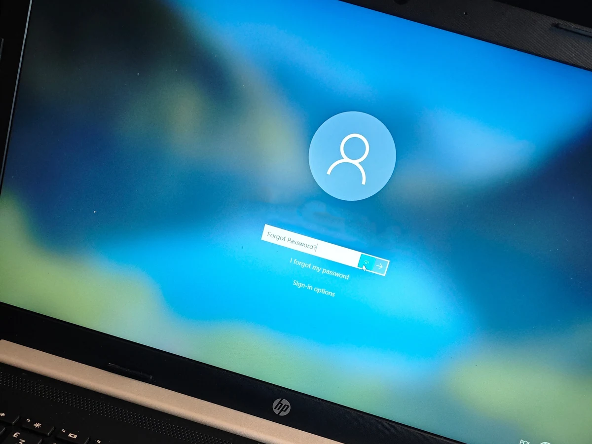 HP laptop stuck at the Windows sign-in screen, with the password box and the "I forgot my password" link below it