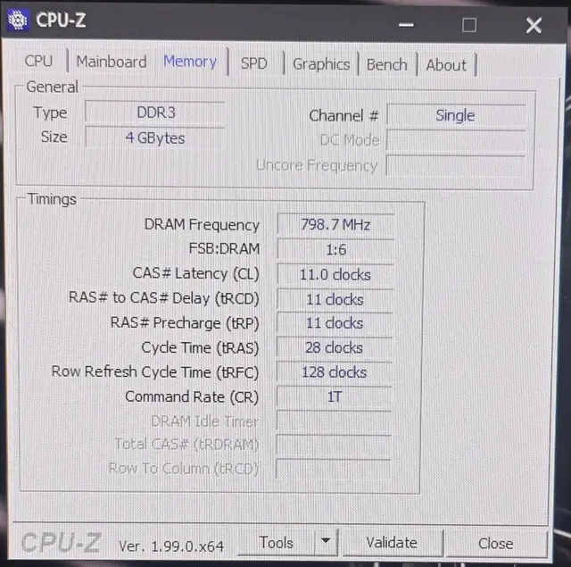 CPU-Z Memory tab showing 4 GB of DDR3 running in single channel