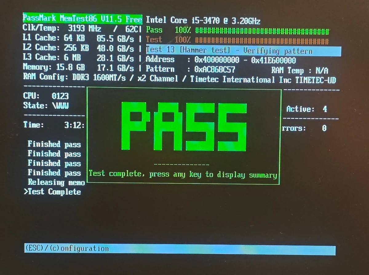 MemTest86 V11.5 results screen showing PASS with 0 errors, 15.8 GB of DDR3-1600 in dual channel on an Intel Core i5-3470