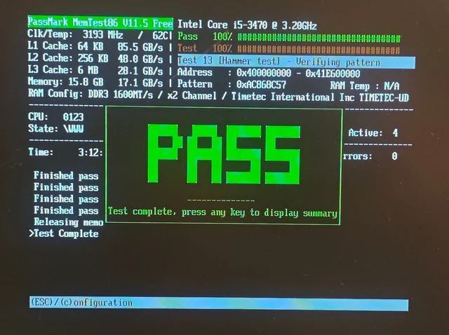 MemTest86 V11.5 results screen showing PASS with 0 errors, 15.8 GB of DDR3-1600 in dual channel on an Intel Core i5-3470