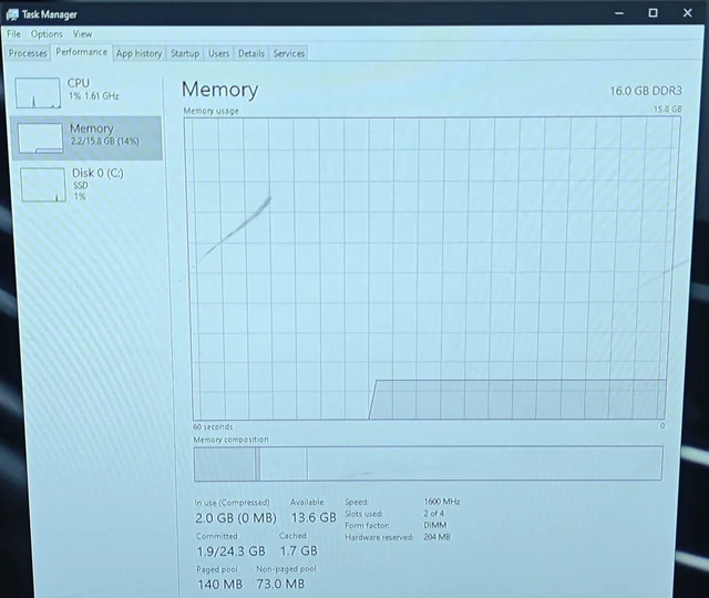 Windows Task Manager Memory page showing 16 GB DDR3 at 1600 MHz with 2 of 4 slots used